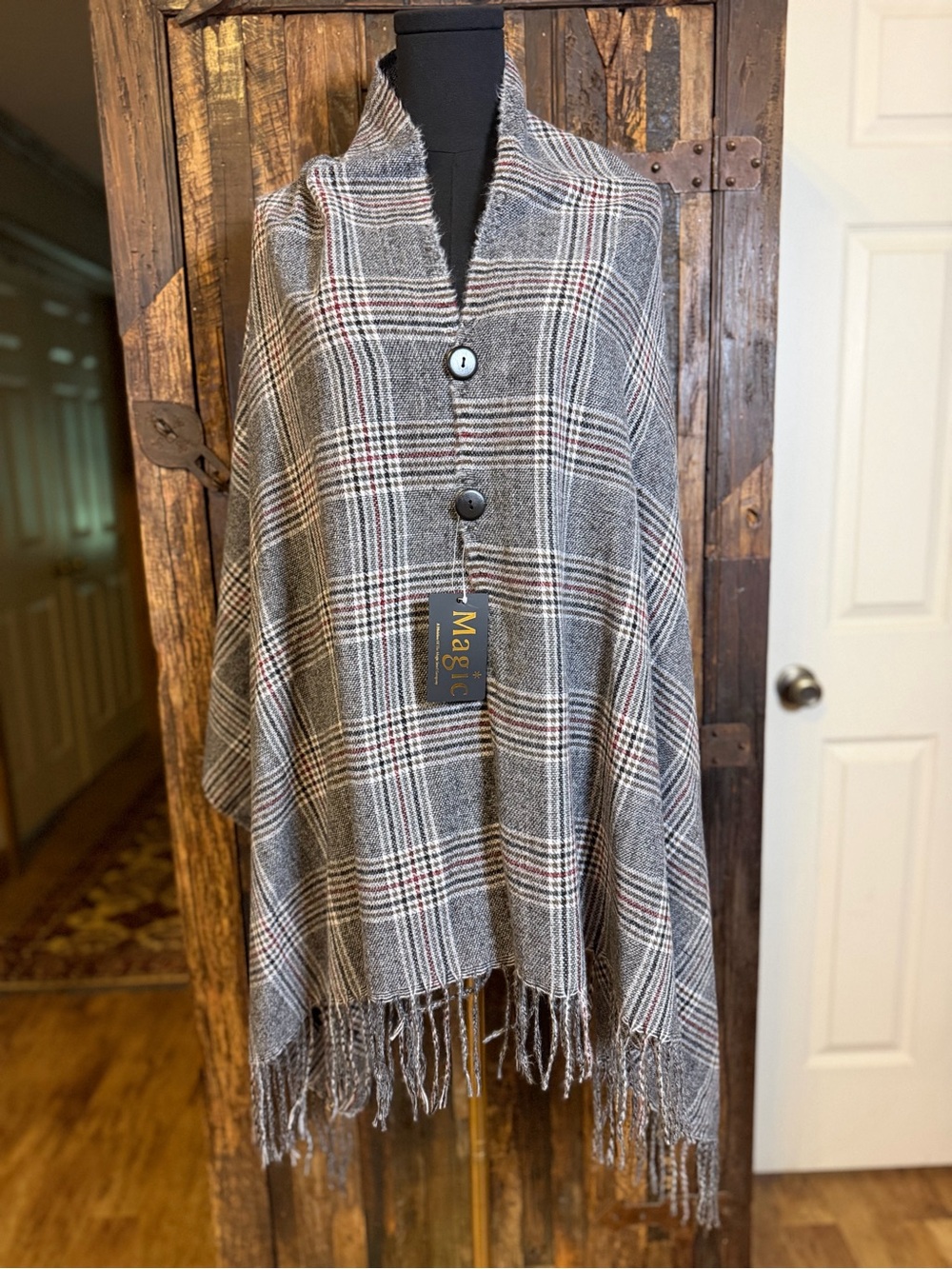 Magic Scarf Company Plaid Button Shawl Poncho Wrap Gray Burgundy Fringe NWT